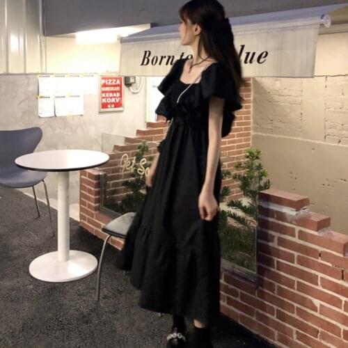 Dress for Women Black Dress Female Xia Hepburn Style Waist Was Thinner Short-sleeved Temperament A-line Skirt Tide