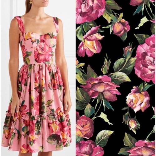 Pink Black rose Printing Fabric 100% Polyester Spring and Summer Dress Fabric High-end Sewing Fabric by Yard