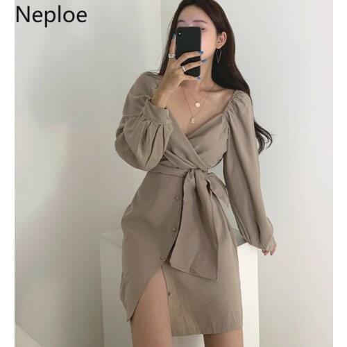 Neploe Korean Chic V Neck Cross Design Strapless Dress High Waist Hip Slim A Line Vestido Slim Waist Lace Up Button Ropa 49158