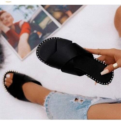 Flat with Womens Slippers Summer Beach Woman Shoes Fashion Leopard Print Bling Csytal Flat with Open Toe Black Ladies Slides