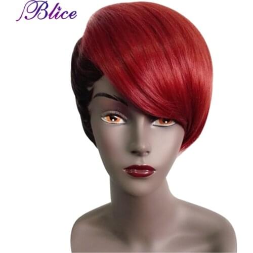 Blice Synthetic Wigs Short Straight 8 Inch Nature Wig Mix Ombre Color FT1B/350# Right-Side Bang Wigs For Black Women