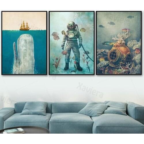 Nordic Deep Sea Diver Whale Retro Art Posters and Prints Underwater World Canvas Painting Pictures Decoration Living Room Murals