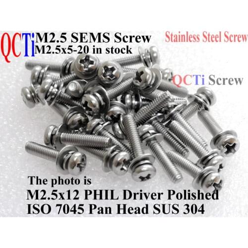Stainless Steel SEMS screws M2.5x12 Pan Head 1# Phillips Driver Polished ROHS 100 pcs