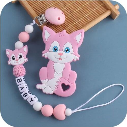 XCQGH 1PCS Personlized Name Cute Silicone Beads Fox Infant Baby Pacifier Clips Chain Newborn Dummy Holder Chain