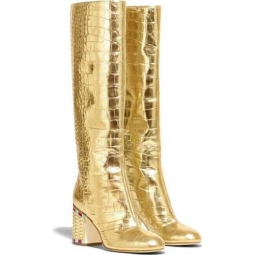Dipsloot Winter Gold Crocodile Pattern Mid-tube Boots Woman Colorful Crystal Chunky Heels Slip On Knee High Long Boots Shoes