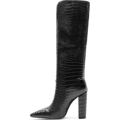 Women Crocodile Print High Heel Leather Boots Female Knee-High Pointed Toe Solid Color Plus Size Long Boots