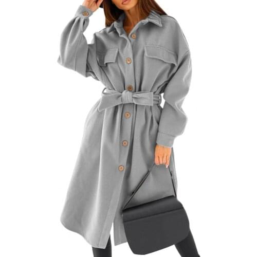 2021 Womens Coat Oversize Solid Color Single-breasted Outercoat Thick Lapel Belt Office Long Coat Overcoat for Autumn Winter