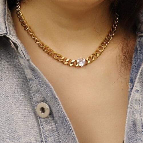 Women Fashion Heart Pendant Necklace Thick Chain Stainless Steel Statement Necklace Punk Cuban Choker Chain Luxury Jewelry Gift
