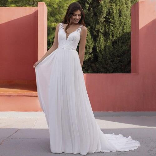 Modest Summer A-Line Chiffon Wedding Dressess 2021 Elegant V-Neck Sleeveless Lace Appliques Sweep Train Bridal Gowns