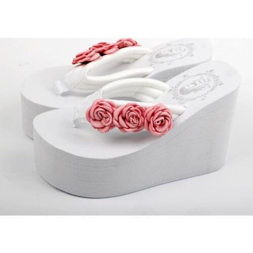 11cm flip flop wedges heels summer sandals slippers rose shoes women girls beach shoe light bottom platform handmade flowers