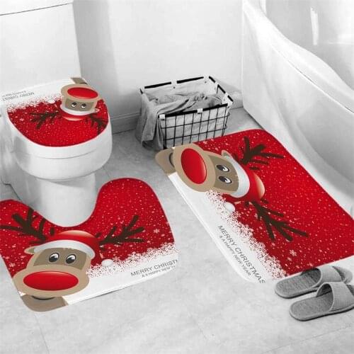 "3pcs/set Christmas Red Gift Bathroom Mat Set Flannel Anti-slip Kitchen Mat Carpet Bathroom Toilet Rug Washable Shower Curtain"