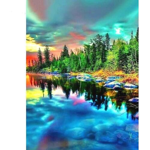 5D Diamond Painting Coloured Forest Cross Stitch Diamond Mosaic Diamond Embroidery Lake Rhinestone Picture Home Decor