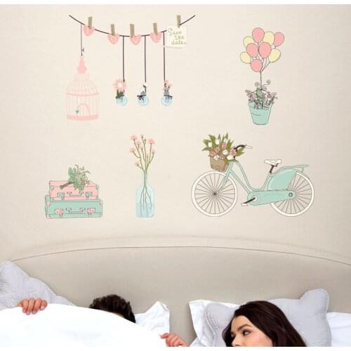 Flower Bicycle Float Balloon Wall Sticker Cartoon Pink diy for Classroom Bedroom Living Room Girl Room Stickers Home Decor