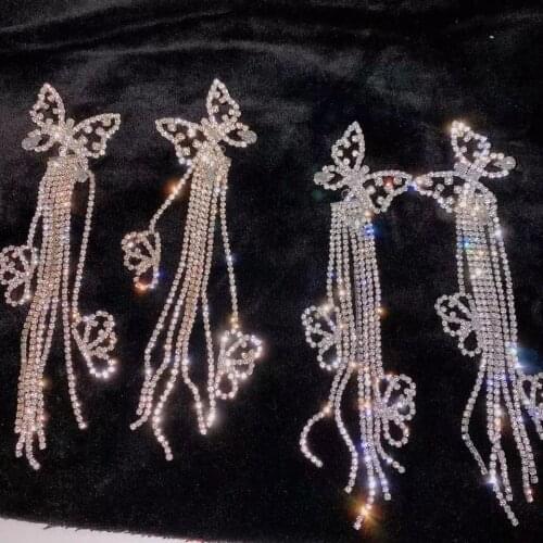 Long Tassel Rhinestone Drop Earrings for Women Oversize Hollow Butterfly Crystal Dangle Earrings Jewelry Accessories