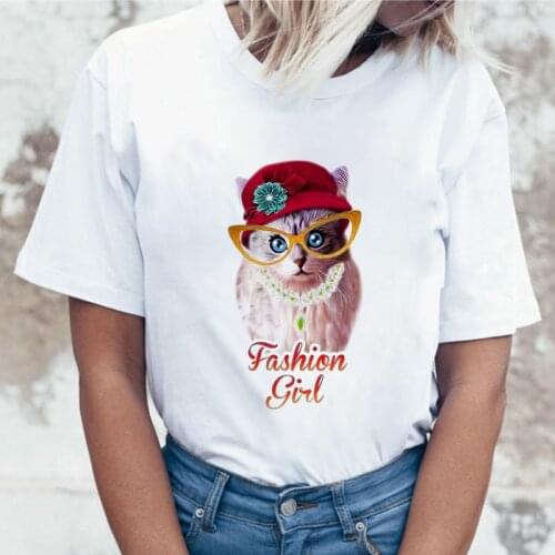 Kawaii Cat Printed Loose Short-sleeved T-shirt Summer Womens Harajuku O-neck Fashion Casual T Shirt Female Clothing Tops Tshirt