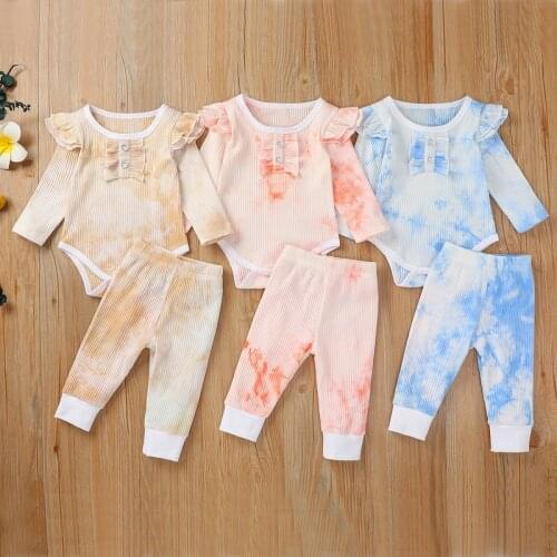 Cotton 0-24M Newborn Baby Girls Boys Clothes Sets Tie Dye Printed Long Sleeve Romper Tops Pants Trousers