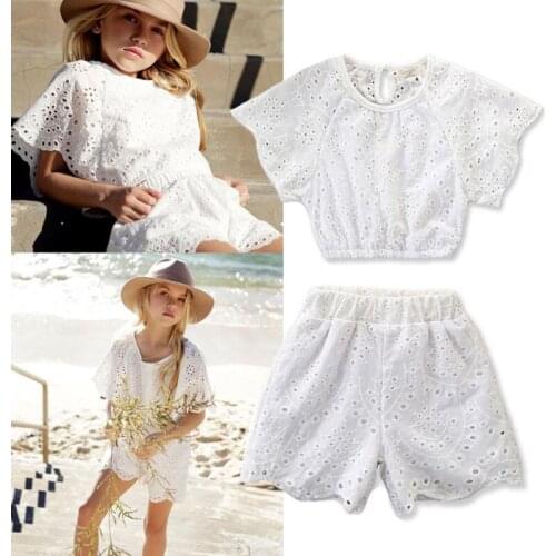 2019 Summer Girls Clothes Set New Cotton White Petal Sleeve T-shirt+Short Pant 2 Pieces Toddler Girl Suit Kids Clothes For 2-7T