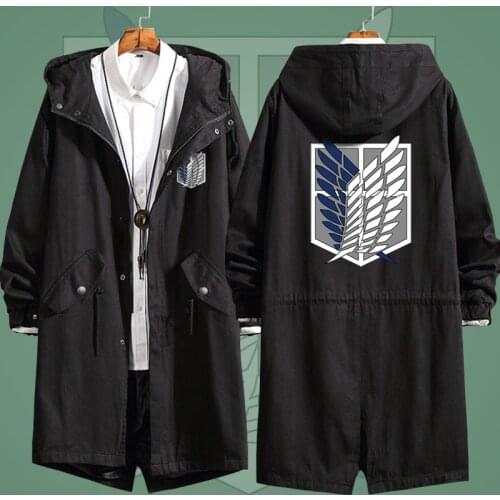 Anime Attack On Titan Cosplay Costumes Windbreaker Autumn Spring Hooded Trench Coats Black Thin Jackets Costume For Men CS524