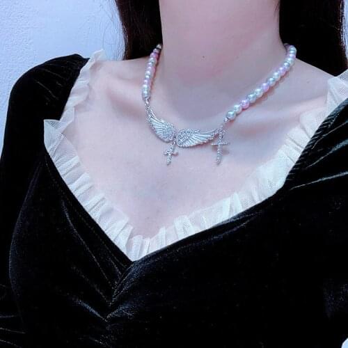 2021 Fashion Ins Style Pearl Angel Wings Cross Pendant Necklace For Girl Geometry Crystal Punk Cool Shining Necklace Jewelry