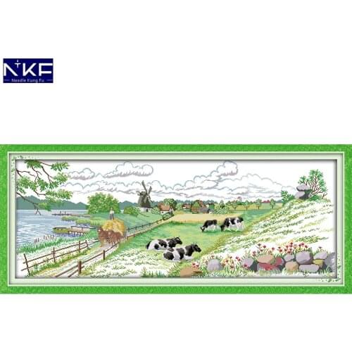NKF Pasture Scenery Stamped Cross Stitch Pattern DIY Kit Needlework Embroidery Sets Chinese Cross Stitch for Home Decor
