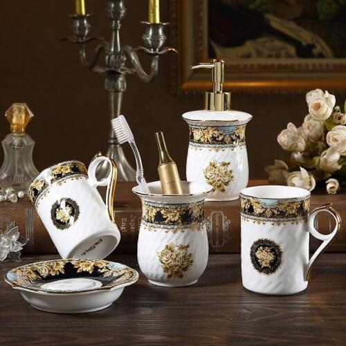 Ceramic Bathroom Accessories Set Soap Dispenser Toothbrush Holder & Gargle Cups Soap Dishes Lavatory 5 Pieces Set Wedding Gift