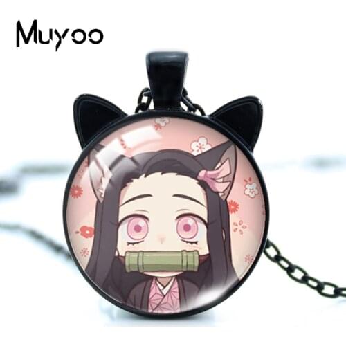 New Arrival Demon Slayer: Kimetsu no Yaiba Necklace Cute Anime Style Glass Gem Pendant with Two Ears for Women Jewelry Gifts