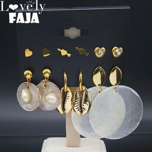 Shell Stainless Steel Earrings Set Gold Color Beach Stud Earrings Heart Jewelry acero inoxidable joyeria mujer E612842S03