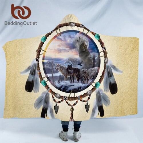 BeddingOutlet Dreamcatcher Hooded Blanket 3D Wolf Sherpa Fleece Wearable Blanket Wolves Tribal Throw Blankets for Bed Sofa Home