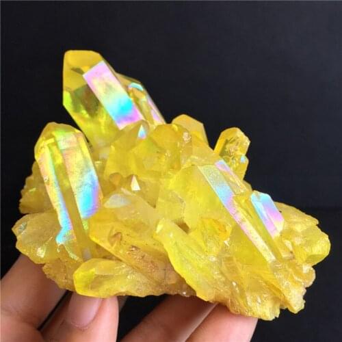 Rare yellow flame aura titanium quartz crystal cluster rainbow specimen reiki healing