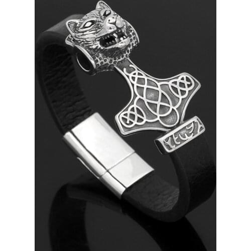 Nordic viking stainless steel odin wolf head thor hammer Mjolnir bracelet -with viking gift bag