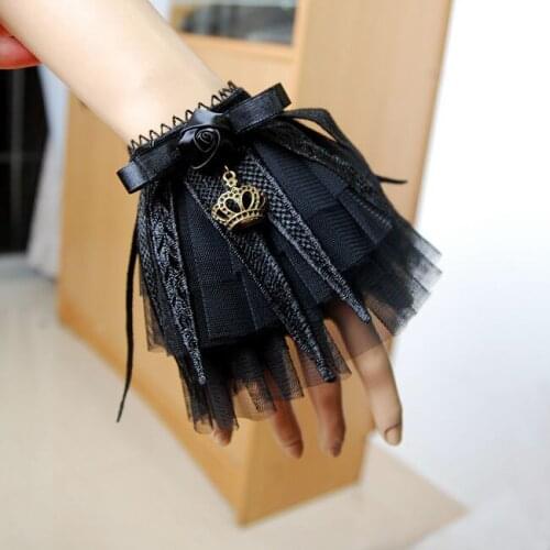 Victorian Punk Net Lace Wrist Cuffs Women Retro Crown Charms Ribbon Bowknot Cosplay Props Handmade Gothic Accessories