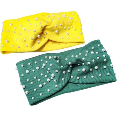 Knitted Pearl Knot Headband for Women Girls Hair Accessories Autumn Winter Headwear Elastic Hair Hoop Hairband