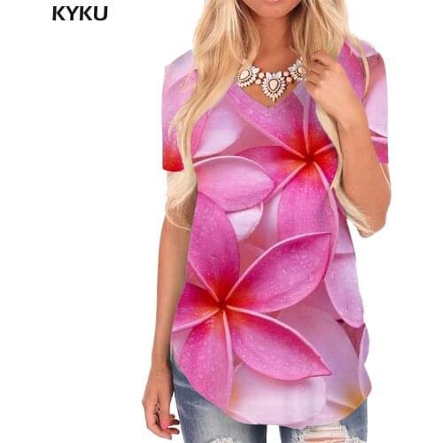 KYKU Flowers T Shirt Women Plum Blossom V-neck Tshirt Pink T-shirts 3d Lovely Shirt Print Womens Clothing Hip hop Loose Style