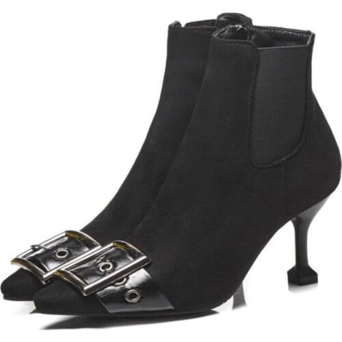 Sun buckle belt buckle high heel boots women side zipper ankle boots women 2020 fashion pointed Wine glass heel women boot