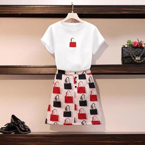 Summer 2 pieces skirts suits cotton tshirt tops +3D Bag printed skirts set Women two piece set