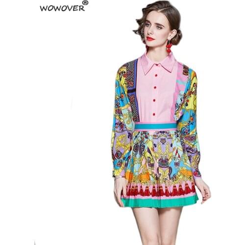 New Spring Fashion Runway 2 Piece Set Women Long Sleeve Vintage Printed Shirt and Mini Pleated Skirt Suit Beach Holiday Outfits