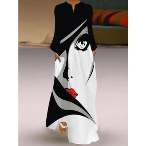Long Dress Women Fashion Long Sleeve Print Dress White-Black-Grey A-Line Casual Dresses