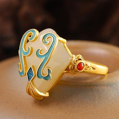 New Chinese ethnic style ring S925 pure silver female ring burnt blue palace fan womens jade rings
