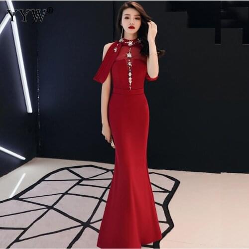 Red Beading Crystal Mermaid Dress Sexy Sequin Women Party Vestido 2020Female Cheongsam Qipao Elegant Celebrity Banquet Dresses