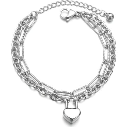 316L Stainless Steel Bohemia 2 Layer Lovers Lock Heart Shape Thick Chain Bracelets For Women Fashion Trend Fine Jewelry Gift