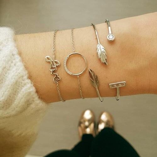 4 Pcs/Set Retro Bangle Gold Crystal Circle Letter Leaf Open Bracelet Set Women Charm Party Wedding Jewelry Accessories