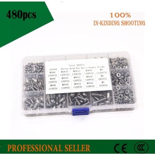 480pcs/Set M3 M4 M5 Stainless Steel Button Head Hex Socket Head Cap Bolts Machine Screw and Nut Kit 8/10/12/16/20mm