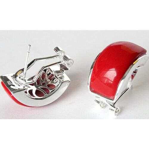 Free shipping BEAUTIFUL NEW 925 SILVER RED CORAL STUD EARRINGS 13X20MM