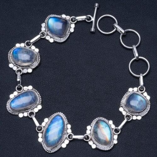 Natural Rainbow Moonstone Unique Punk Style 925 Sterling Silver Bracelet 7-8 1/2" P2338