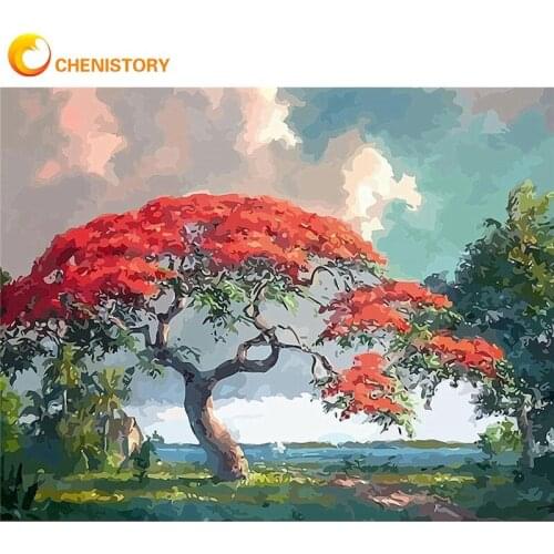 CHENISTORY Frame Painting By Numbers Kits For Adults Children Red Tree In Desert Landscape Picture By Number Home Decor Wall Art