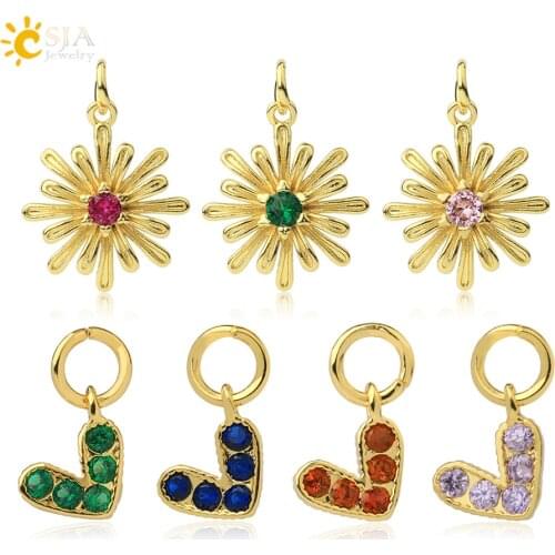 CSJA Flower Mini Heart Charms for Jewelry Making Gold Color Pave Cubic Zirconia Charms CZ Crystal Pendant Bracelet Earrings S740
