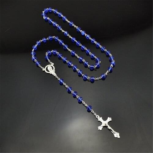 For Royal Blue Catholic Virgin Mary Crystal Beads 6mm Men Silver Rosary Necklace