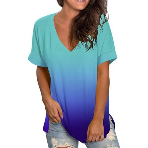 Gradient Print T-shirts Women Summer 2021 V-neck Tees Casual Shirts For Woman Tshirts Loose Fashion Harajuku Tops #T2P