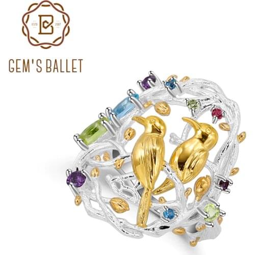 GEMS BALLET Natural Multicolor Gemstones Statement Cocktail Ring 925 Sterling Silver Handmade Busy Garnet Jewelry for Women