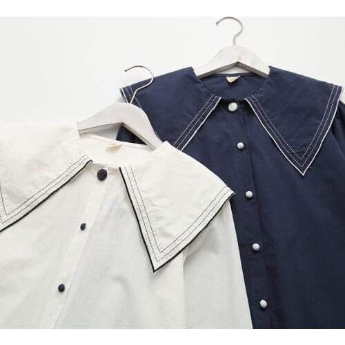 Lamtrip Spring Covered Buttons Brief Preppy Style Peter Pan Collar Cotton Shirt Long Sleeve Blouse